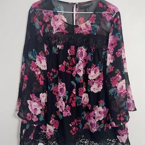 Lane Bryant Black Blouse with  Pink Floral Print 18 EUC